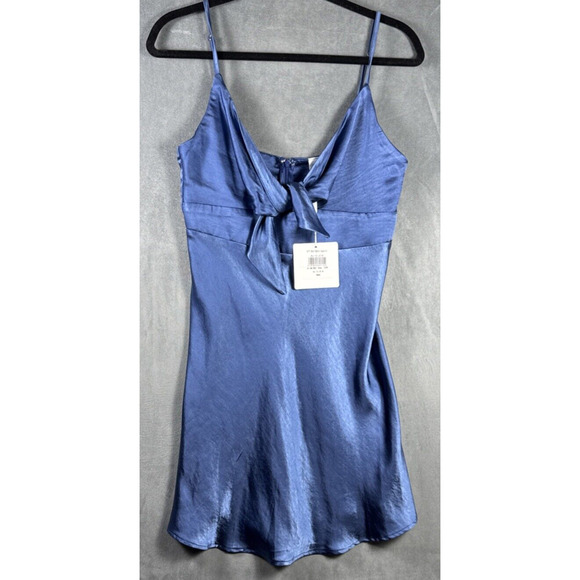 Selfie Leslie Dresses & Skirts - Selfie Leslie NWT Mini Party Dress Satin Midnight Blue Tie Front Silky Sz MEDIUM